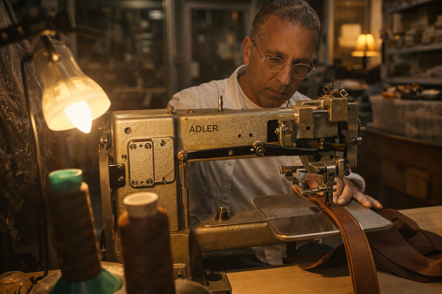 רודי מייצר חגורת עור לגברים במכונת Adler בבית המלאכה