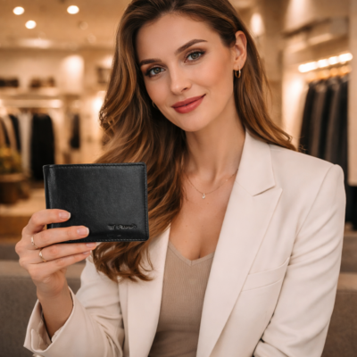 ארנק עור לגבר פרימיום מבית רודי בצבע שחור עם דוגמנית מחזיקה ארנק