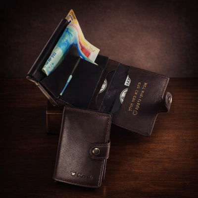 ארנק לגבר מעור חום פתוח עם כרטיסים ושטרות על רקע יוקרתי כהה