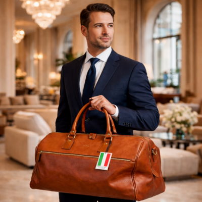 תיק עור יוקרתי לנסיעות דגם 4180 Old Angler Italy תוצרת איטליה עם איש עסקים בלובי מלון