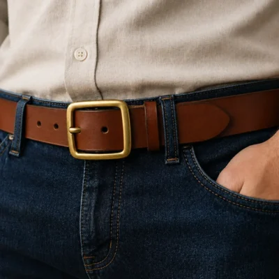 חגורת עור Full Grain לגבר בצבע חום קמל עם אבזם זהב על ג'ינס