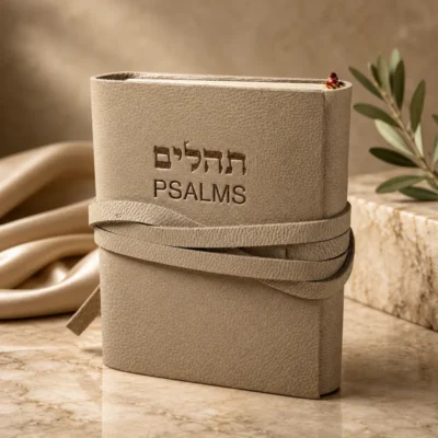 ספר תהילים עברית אנגלית בכריכת עור בז' עם רצועת קשירה – הוצאת סיני תל אביב