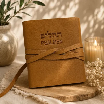 ספר תהילים עברית גרמנית בכריכת עור אמיתי בגוון קאמל עם רצועת קשירה – הוצאת סיני | רודי