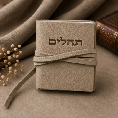 תהילים מעור בכריכה רכה עם הטבעת זהב ורצועת עור נכרכת מבית רודי