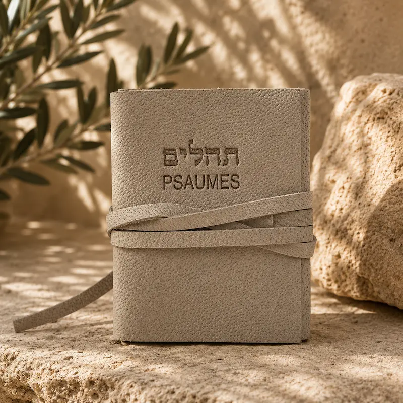 ספר תהילים עברית צרפתית בכריכת עור אמיתי בגוון קאמל חול עם רצועת קשירה, הוצאת סיני | רודי