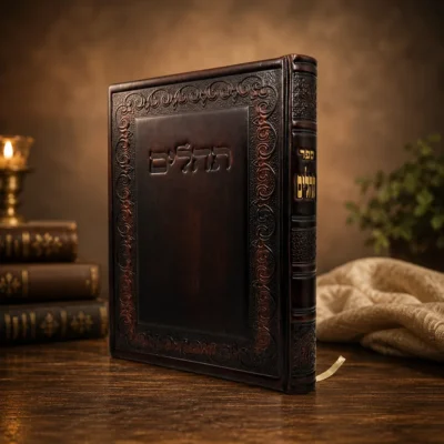 ספר תהלים מהודר הודיה – כריכת עור עם הטבעה בזהב 18 קרט 30.5 ס״מ