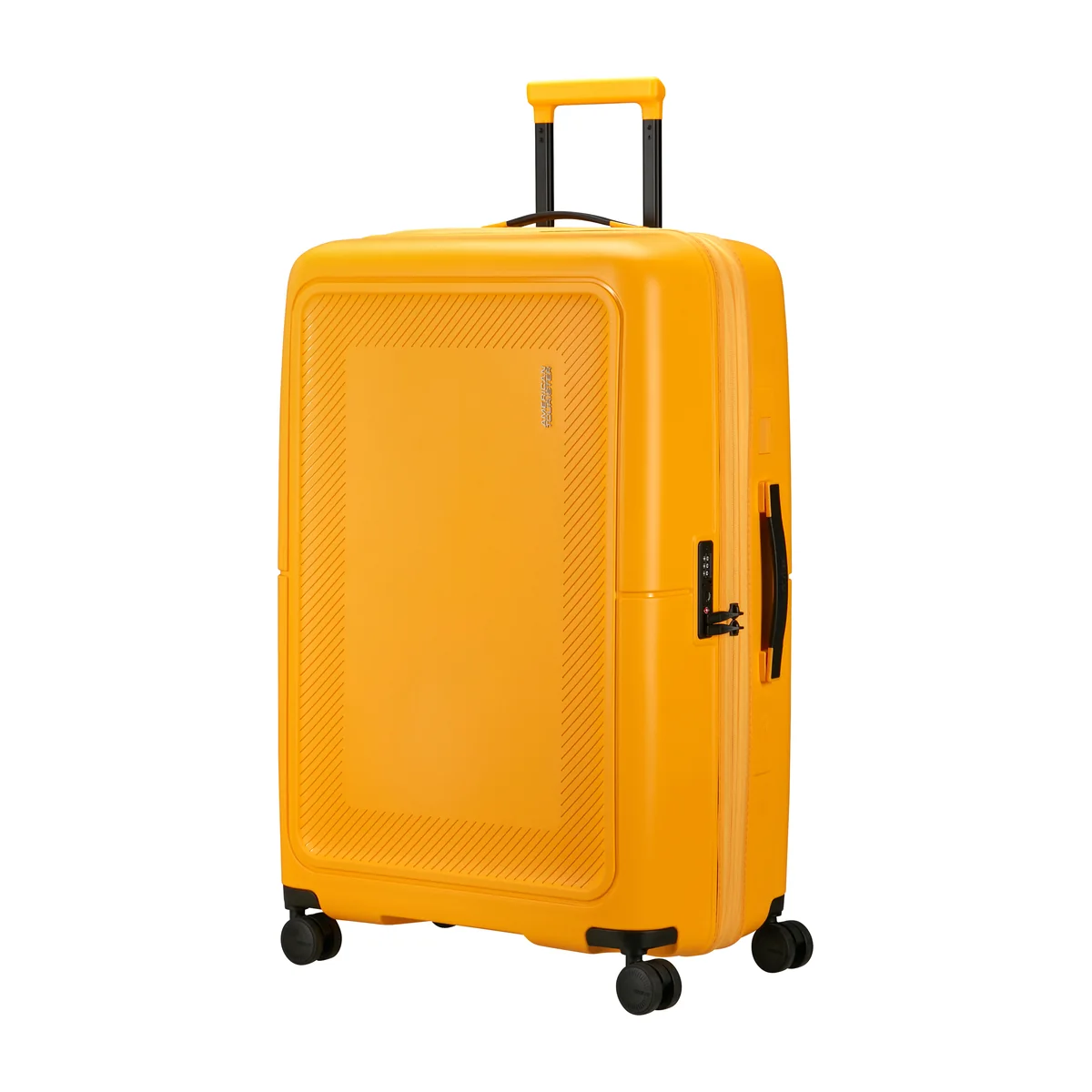 מזוודת DashPop 77 הקשיחה של אמריקן טוריסטר בצבע צהוב, מבט בזווית מלפנים