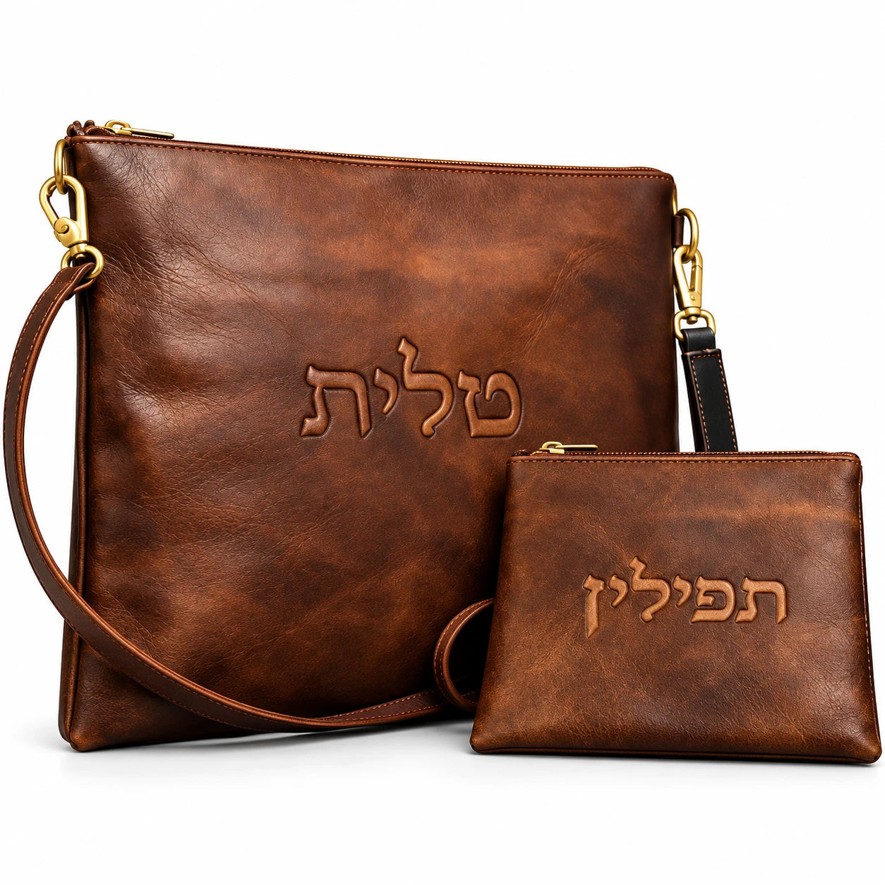 תיק טלית ותפילין מעור Full Grain בעבודת יד, סט חום, רודי